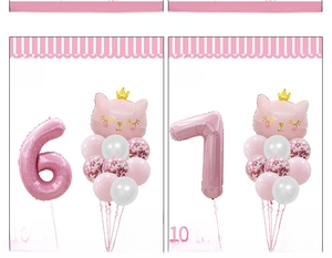 Kit de ballons chiffre chat rose avec couronne et confettis pour anniversaire