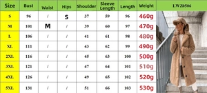 Size guide for women's plush long sleeve coat featuring bust and length measurements