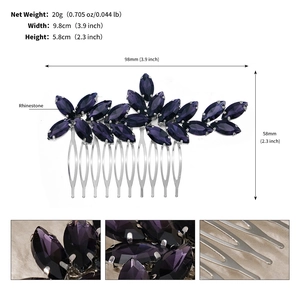 Détail du peigne à cheveux en strass violet avec motif de feuilles et dents en argent