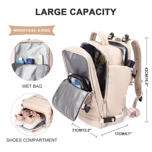 Detail view of large capacity travel backpack with wet bag and shoe compartment