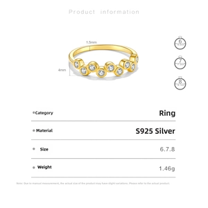 Detailed size chart for S925 silver 18K gold ring with dimensions and cubic zirconia weight