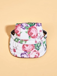Dettaglio cappello sole per cani con motivo floreale e cinturino elastico regolabile