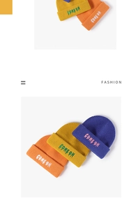 Detail of knitted beanies with COME ON embroidery in orange, yellow and blue colors
