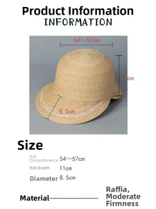 Size chart for raffia straw sun hat with 54-57cm circumference and 8.5cm brim details