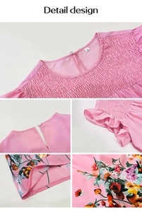 Detail view of pink floral top featuring smocked chest and ruffled sleeve texture