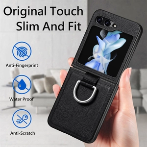 Detailed view of slim black leather case for Z Flip with ring holder and features