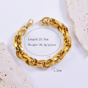 Detail view of 1.2cm wide gold punk chain bracelet with geometric textures and size specs