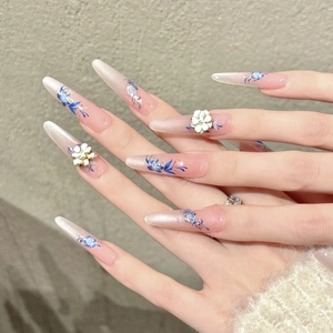 Pink and blue floral press-on nails with elegant hand-painted 3D flower designs