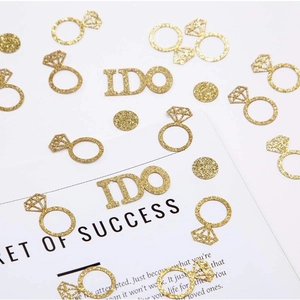 Gold glitter wedding confetti with diamond ring and I DO shapes for engagement table decor
