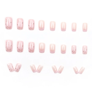 Short square pink french gradient press-on nails with sweet bow and glitter 24pcs set
