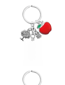 Detailed silver keychain with red apple, owl charm, tree and engraved teacher gift tag