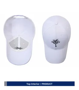 Detail of white cotton baseball cap with black tree embroidery and inside sweatband view