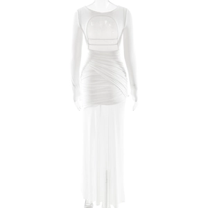 Detail of the white long sleeve dress showing backless design and waist pleated texture