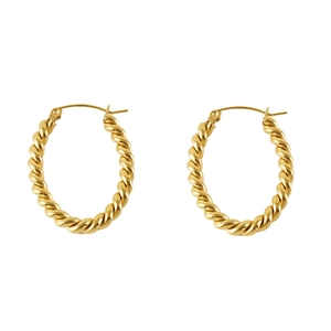 Vintage golden twisted oval hoop earrings in stainless steel with a spiral texture design