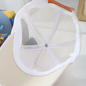 Detail view of the breathable mesh interior and adjustable strap of children's sun hat