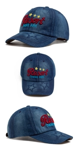 Detailed views of denim baseball cap with red Resort embroidery and yellow star patterns
