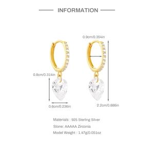 Detailed dimensions of S925 sterling silver drop earrings with AAAAA cubic zirconia