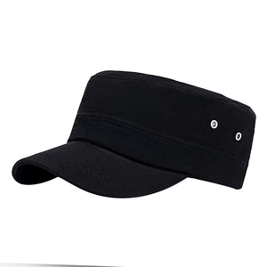Adjustable black cotton flat top army cap with metal eyelets and breathable canvas fabric