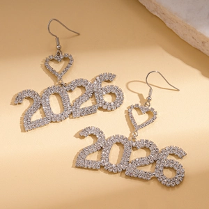 Detail of silver 2026 number earrings with heart shape and full diamond inlay