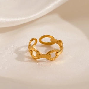 Stainless Steel Chain Link Adjustable Open Ring Women Fashion Braided Texture Minimalist Jewelry Gold Steel Color