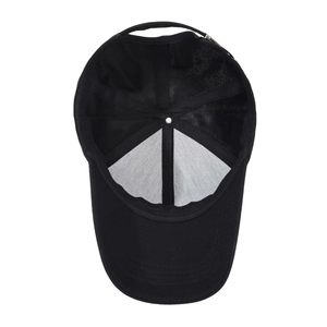 Inside view of men's black cotton baseball cap showing internal seams and metal buckle