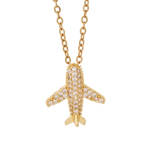 Sparkling gold airplane pendant necklace encrusted with brilliant zircon stones