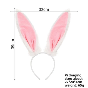 Detailed view of plush pink and white bunny ear headband with 39cm height dimensions