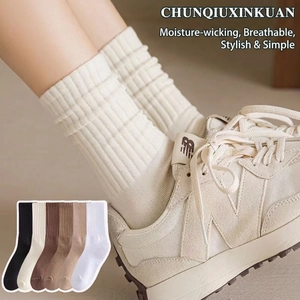 Women Crew Socks Ribbed Knit Solid Color Breathable Elastic Casual Sporty Mid Calf Stockings
