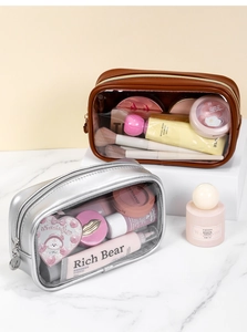 Detail of premium semi-transparent toiletry bags with leather trim and metal zippers