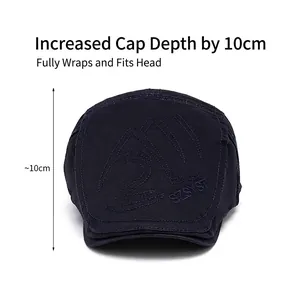 Navy blue cotton newsboy cap with embroidery and 10cm deep fit for outdoor sun protection