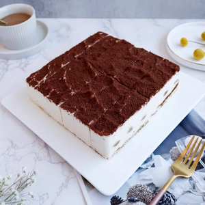 Detailopname van vierkante tiramisutaart met cacaopoeder op wit marmer