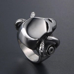 Mechanical punk ram horn ring in titanium steel with polished finish and industrial textures