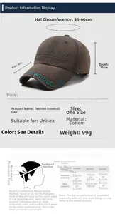 Detailed size chart for washed cotton baseball cap with adjustable strap and peak dimensions