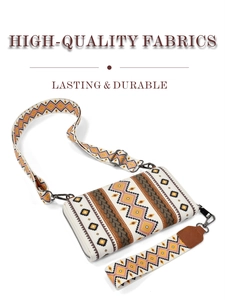 Detail of bohemian canvas clutch featuring geometric patterns and dual detachable straps