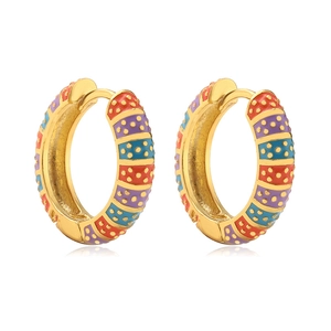 Golden hoop earrings with colorful enamel polka dot pattern on a white background