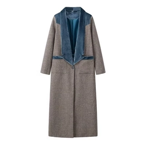 Cappotto Lungo In Lana A Quadri Da Donna Collo In Velluto A Contrasto Giacca In Tweed Pied De Poule Elegante