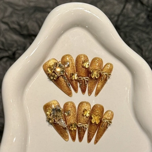 Luxury Gold Handmade Cat Eye Press-on Nails With 3D Metal Butterfly Bow Rhinestone Luxury Stiletto False Nails For Women