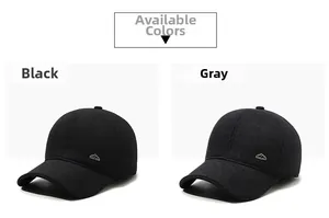 Detail view of winter baseball caps in black and dark grey with metal logo and ear protection