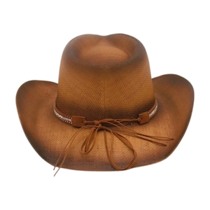 Brown gradient Western cowboy hat with woven texture and rhinestone studded band detail