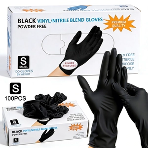 Detail of black nitrile vinyl blend gloves showing textured fingertips and S size box
