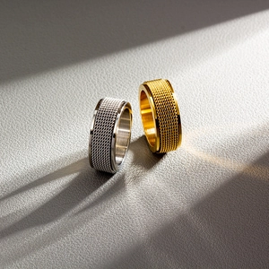 Detailed macro of 8mm rotating rings with metal mesh texture and polished edges