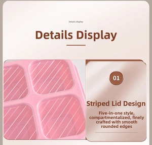 Pink wheat straw bento box detail featuring striped lid design and five compartments