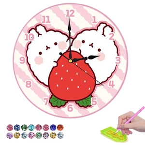 DIY 5D diamond painting clock kit with cute cartoon rabbits and full drill diamond art set