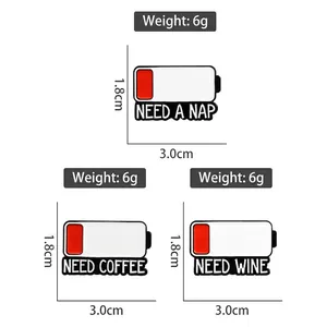 Funny battery enamel pins set featuring Need Coffee and Need Wine text in minimalist design