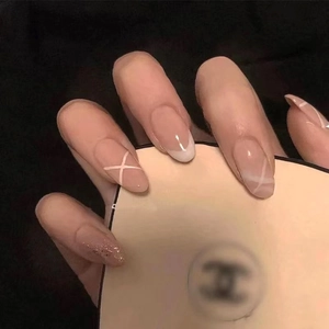 Elegant Press On Nails ABS French Tip Cross Strap Ballet Style Glossy Nude Pink Fake Nails For Women Daily Wear