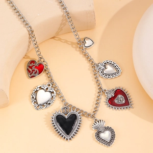 Vintage silver multi-pendant sacred heart necklace with red enamel and gothic charms