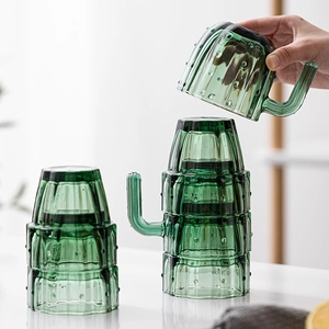 Creative green cactus glass cup set with handles and stackable decorative design