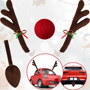 Christmas reindeer car kit with brown plush antlers, red nose, and tail for auto decoration