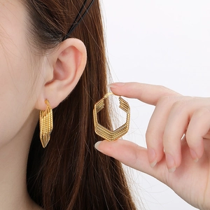Irregular multilayer golden geometric hollow hexagonal hoop earrings in stainless steel