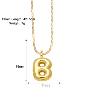 Detail of gold letter B pendant necklace with 42+5cm chain length and 19x11mm dimensions
